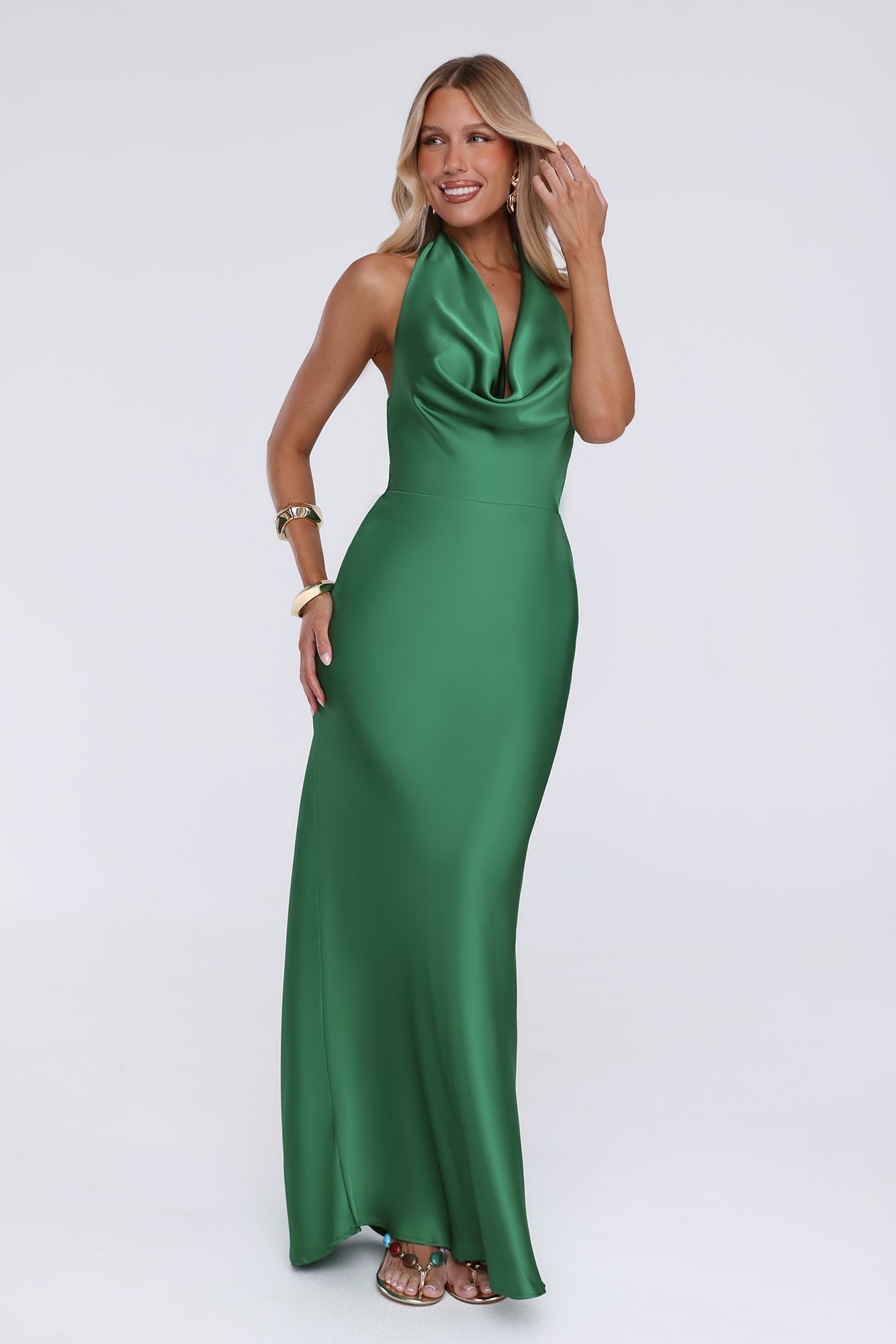 Cherry Whirl Satin Halter Maxi Dress Emerald