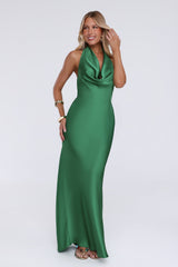Cherry Whirl Satin Halter Maxi Dress Emerald