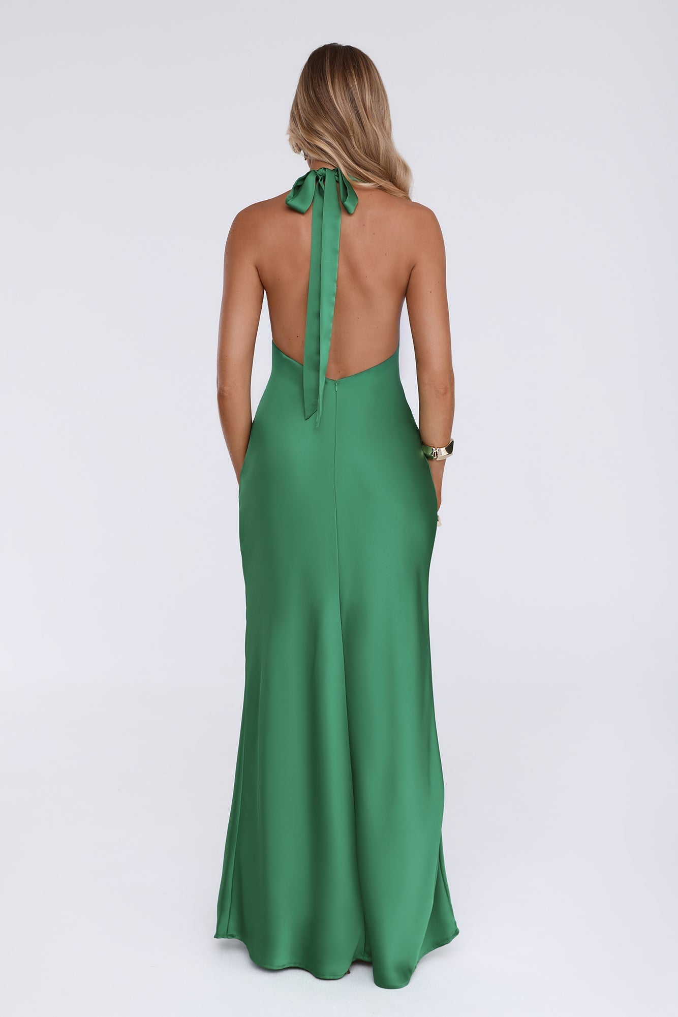 Cherry Whirl Satin Halter Maxi Dress Emerald