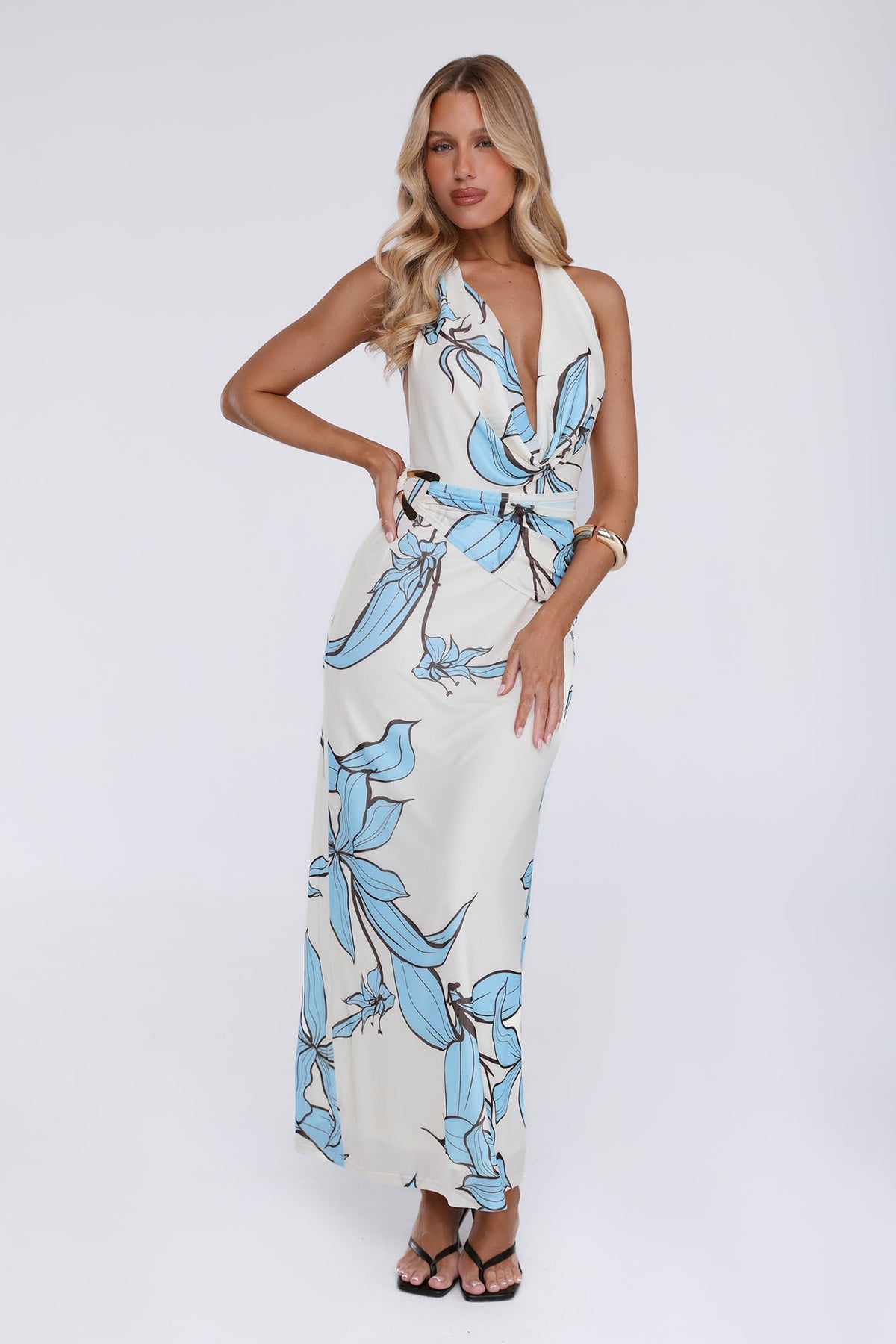 Lucky Darling Halter Mesh Maxi Dress Blue