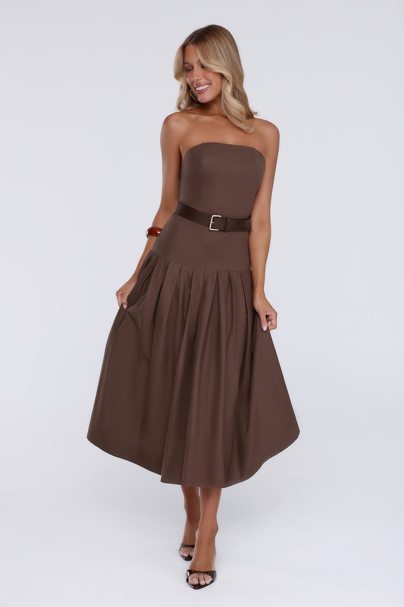 Modern Lady Strapless Midi Dress Brown