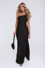 Honeytusk Satin One Shoulder Maxi Dress Black