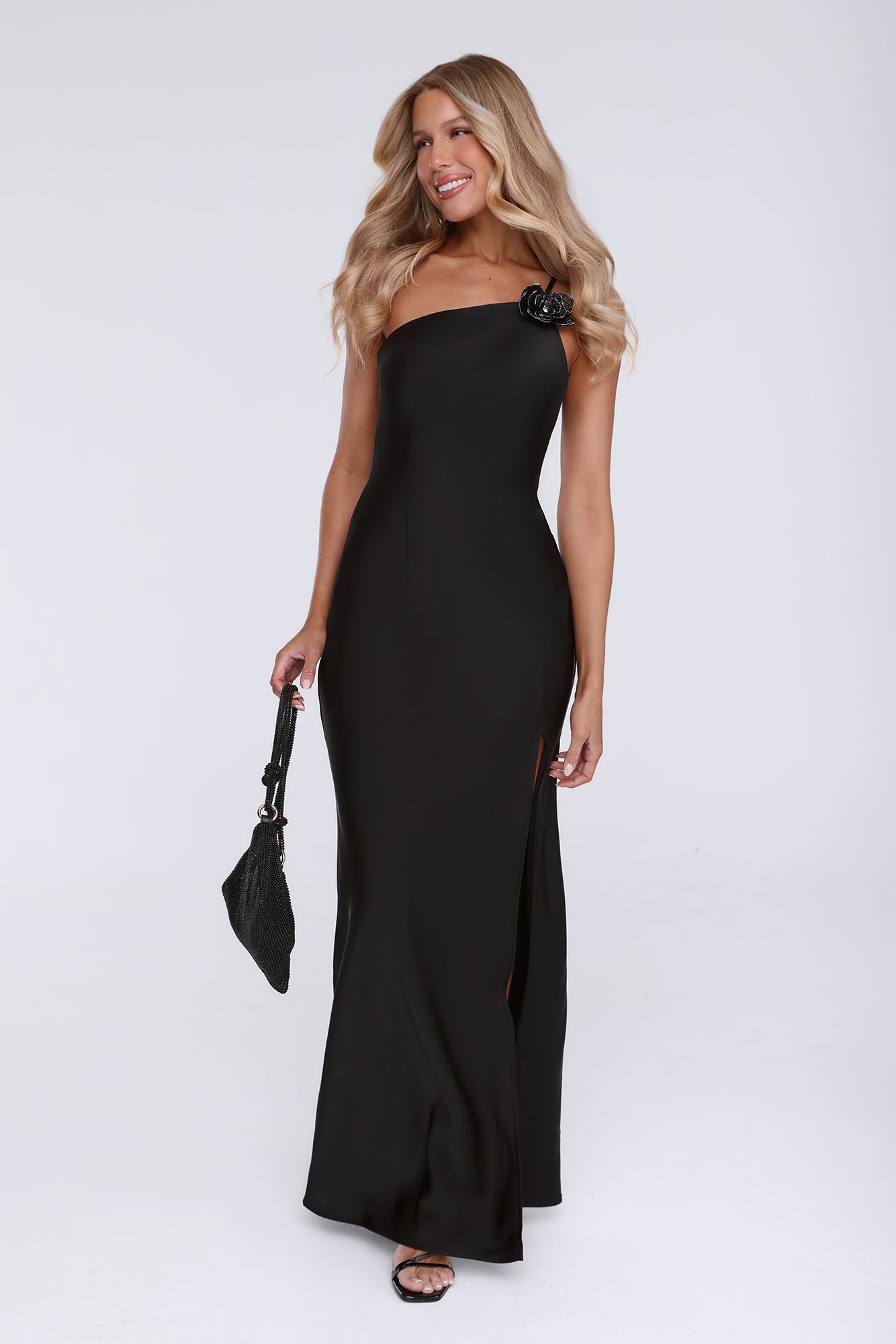 Honeytusk Satin One Shoulder Maxi Dress Black