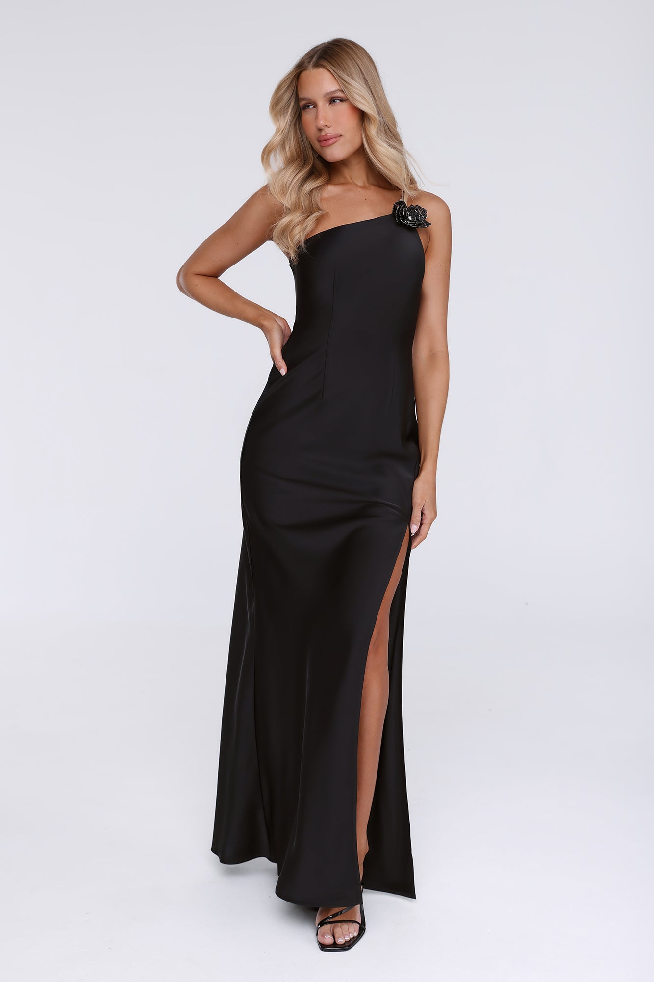 Honeytusk Satin One Shoulder Maxi Dress Black