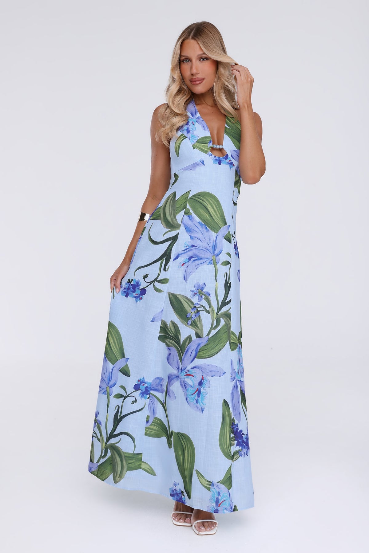 Fleur Flicker Halter Maxi Dress Blue