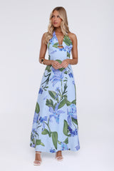 Fleur Flicker Halter Maxi Dress Blue