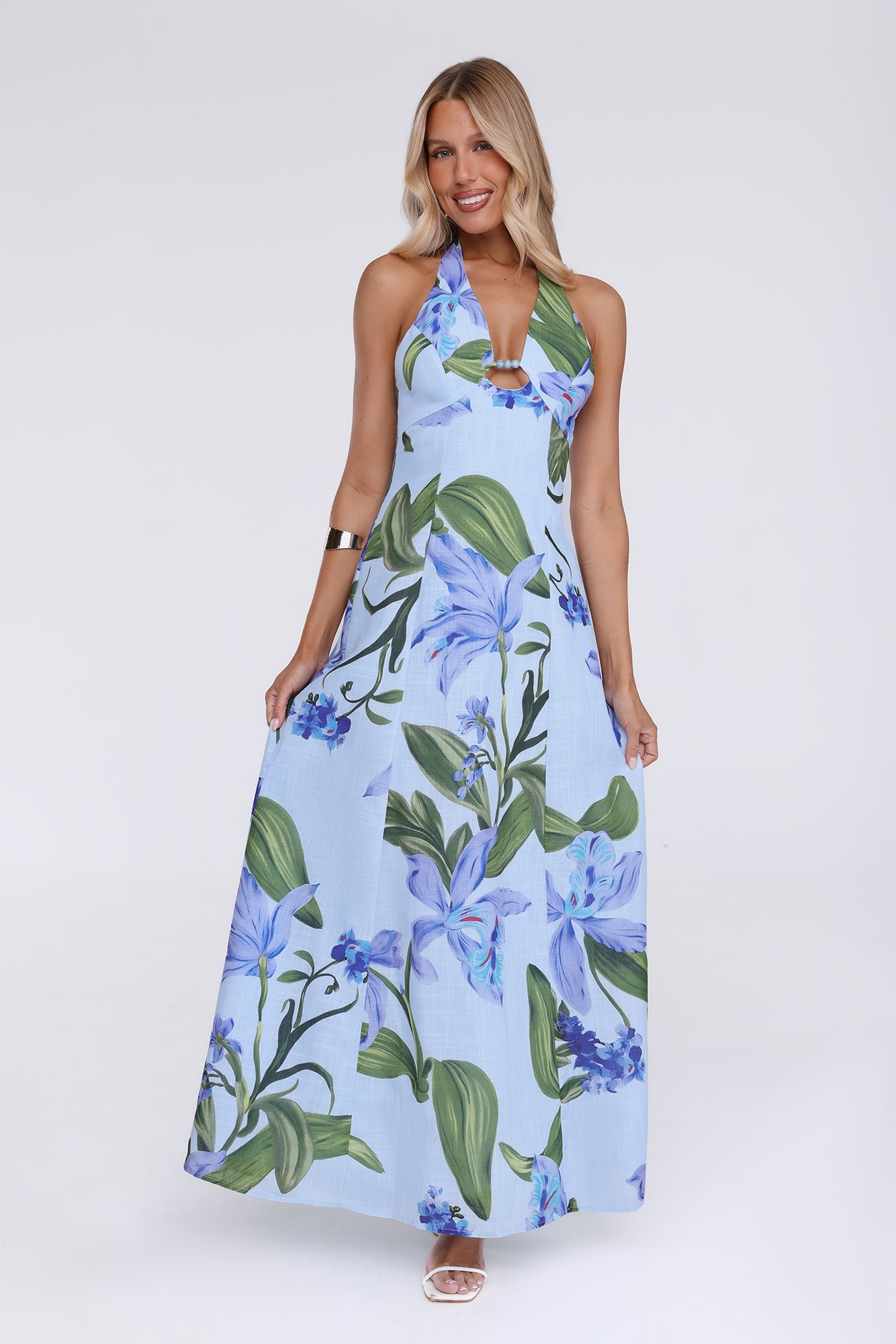 Fleur Flicker Halter Maxi Dress Blue