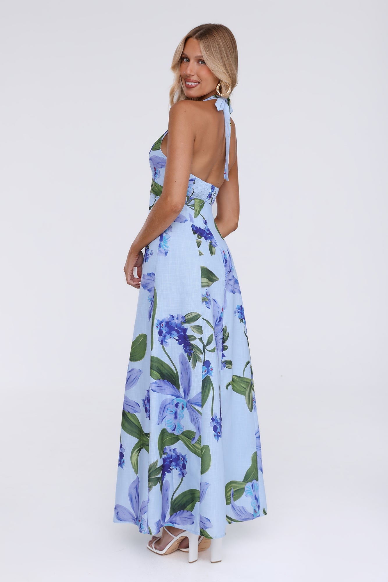 Fleur Flicker Halter Maxi Dress Blue