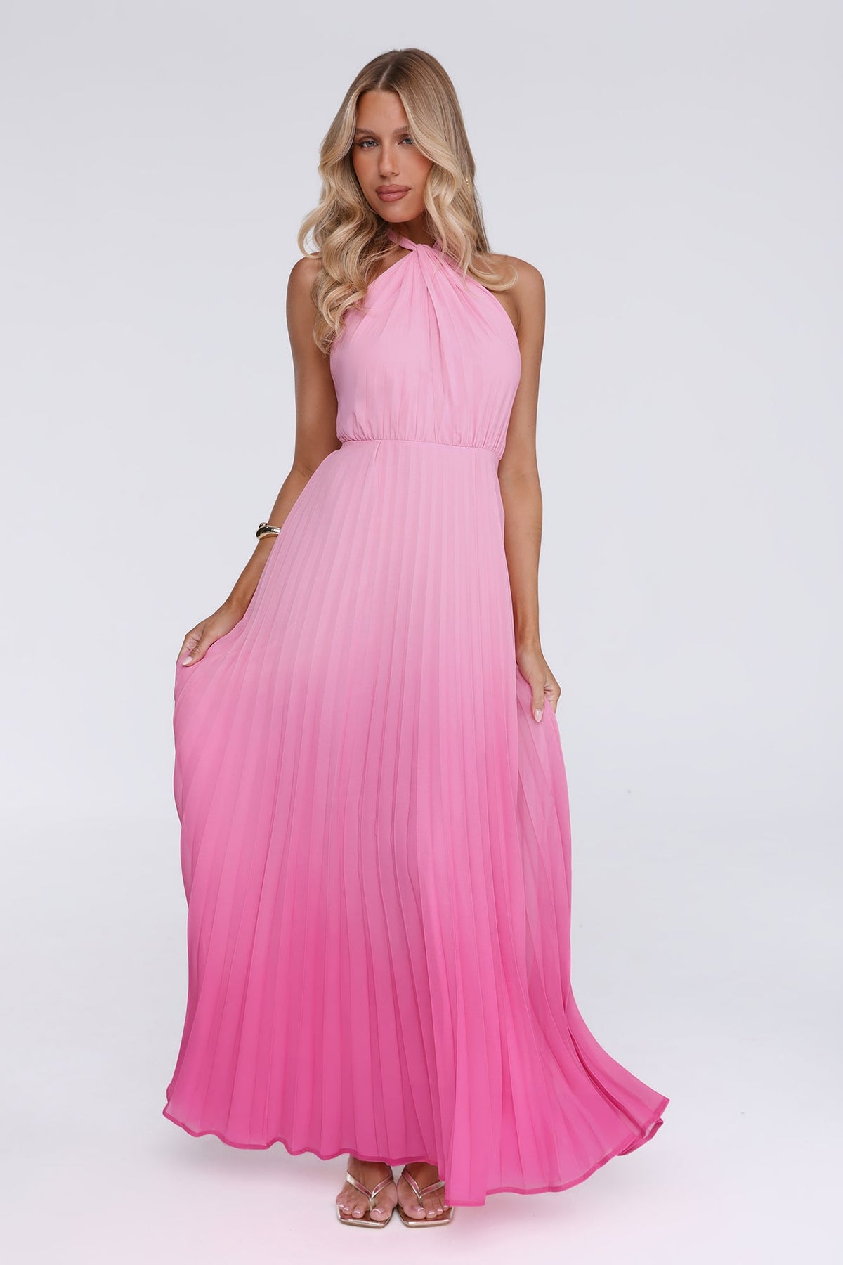 Flirt Fest Halter Pleated Maxi Dress Pink