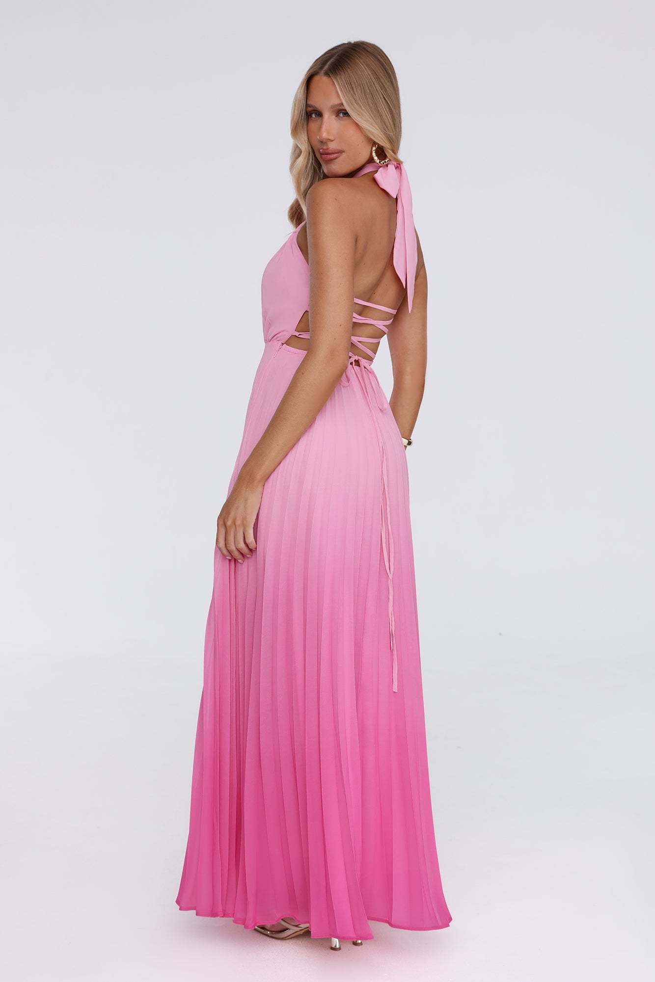 Flirt Fest Halter Pleated Maxi Dress Pink