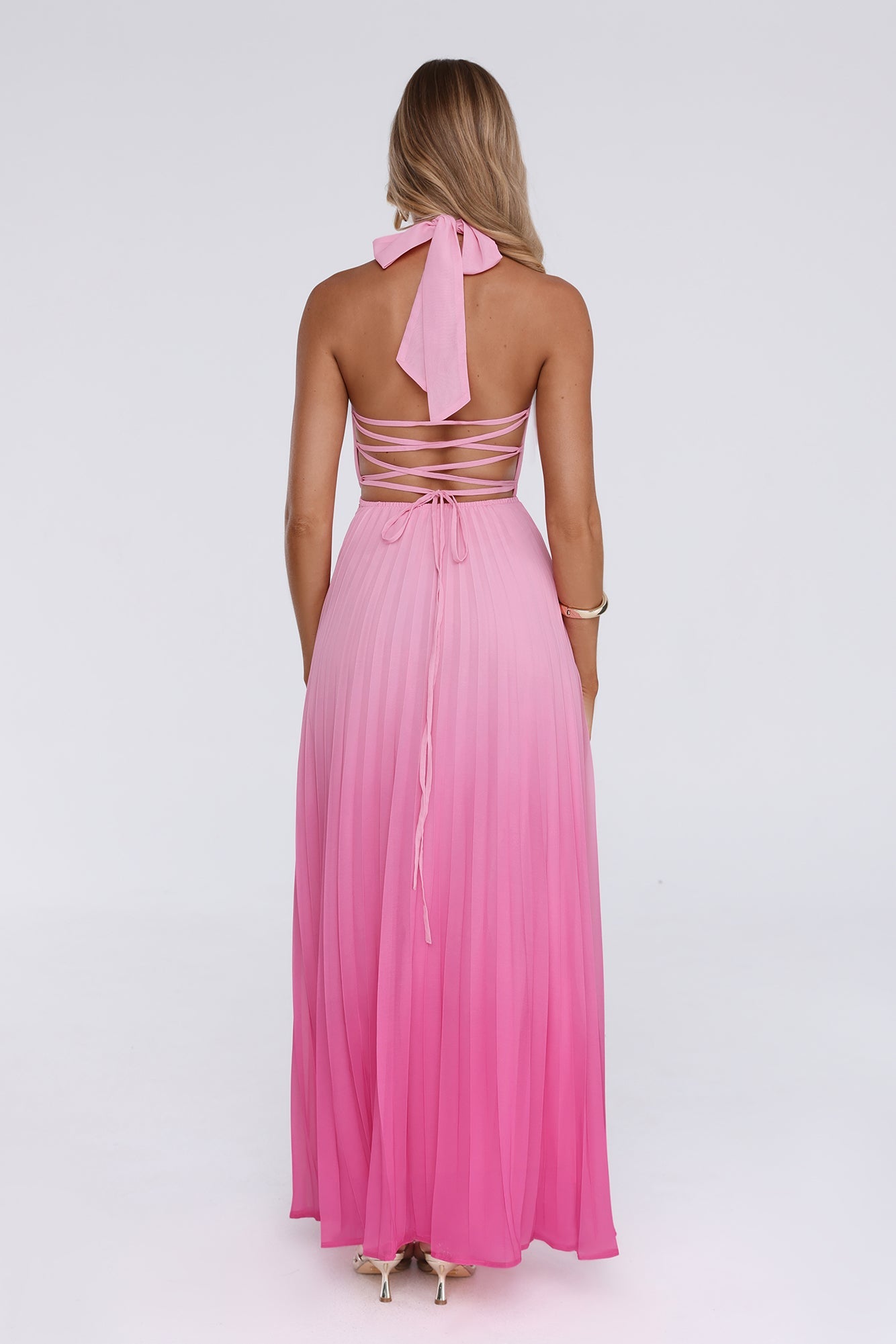 Flirt Fest Halter Pleated Maxi Dress Pink