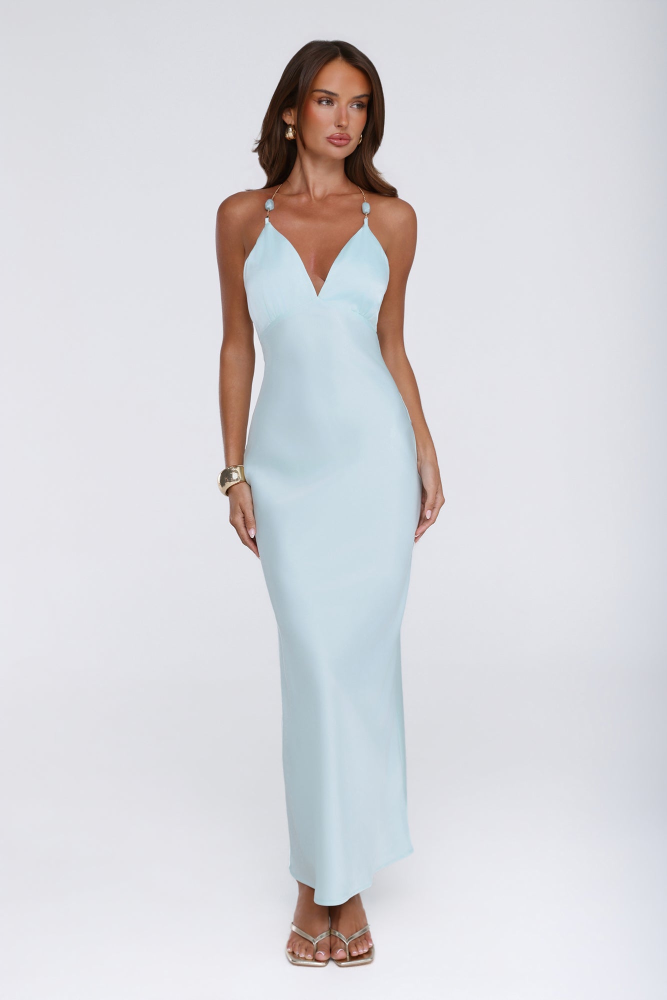 Pearl Indulgence Satin Maxi Dress Aqua