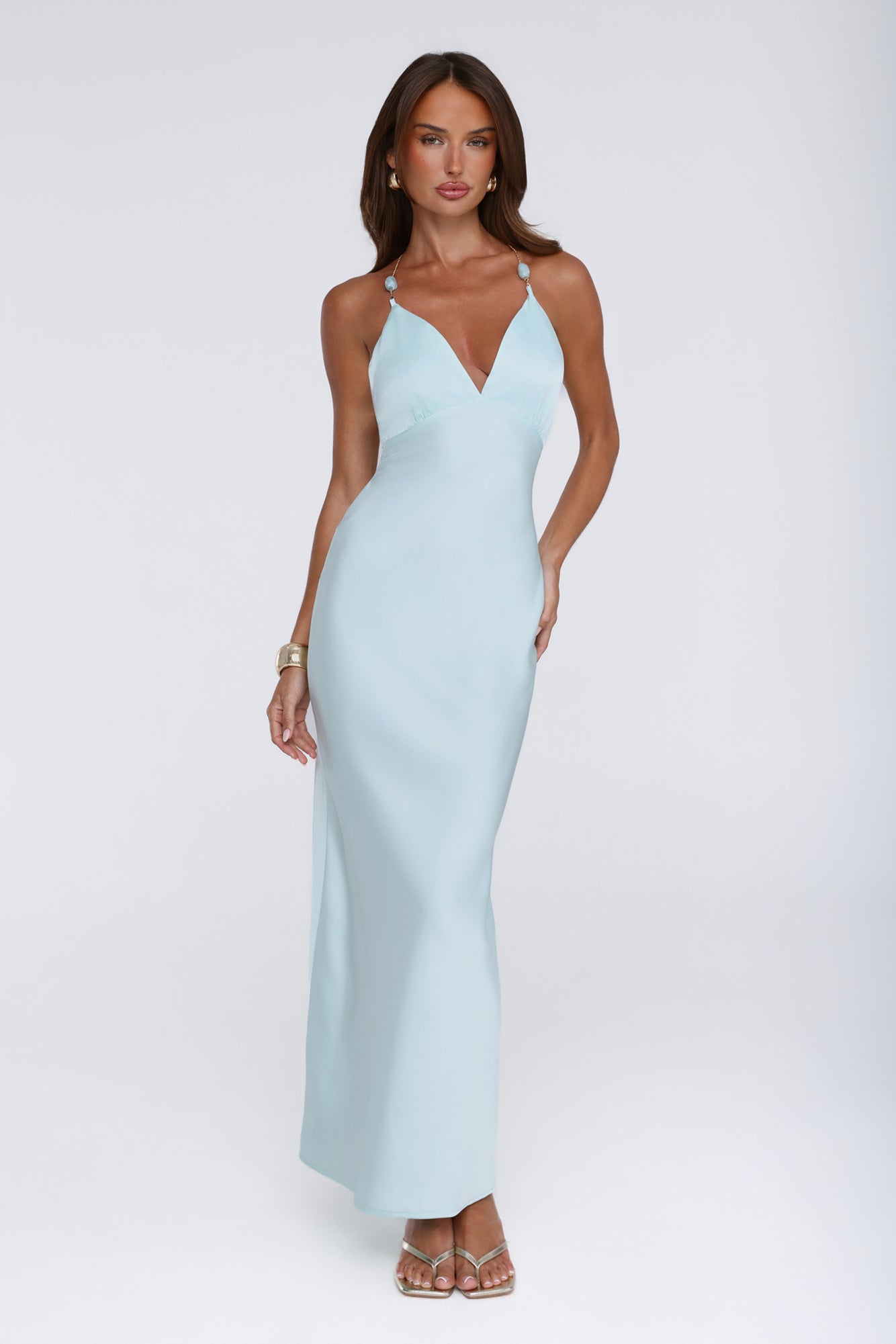 Pearl Indulgence Satin Maxi Dress Aqua