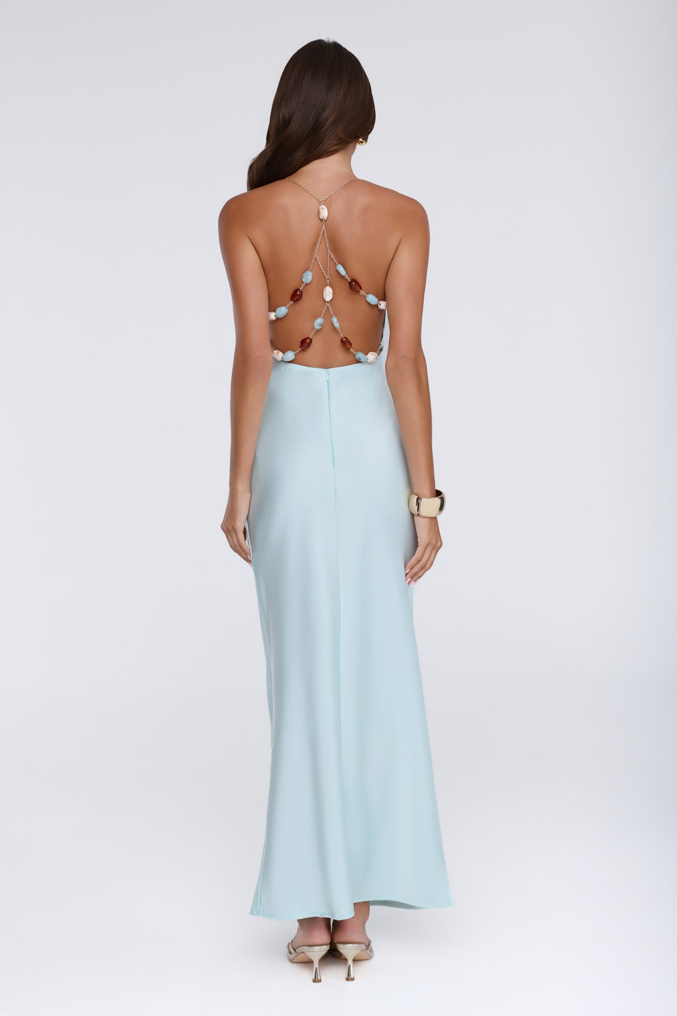 Pearl Indulgence Satin Maxi Dress Aqua