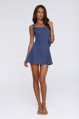 DNM Floral Applique Denim Mini Dress Mid Blue