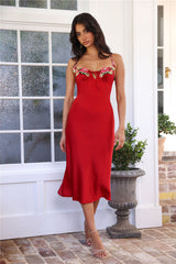 Blooming Relationship Satin Midi Dress Red