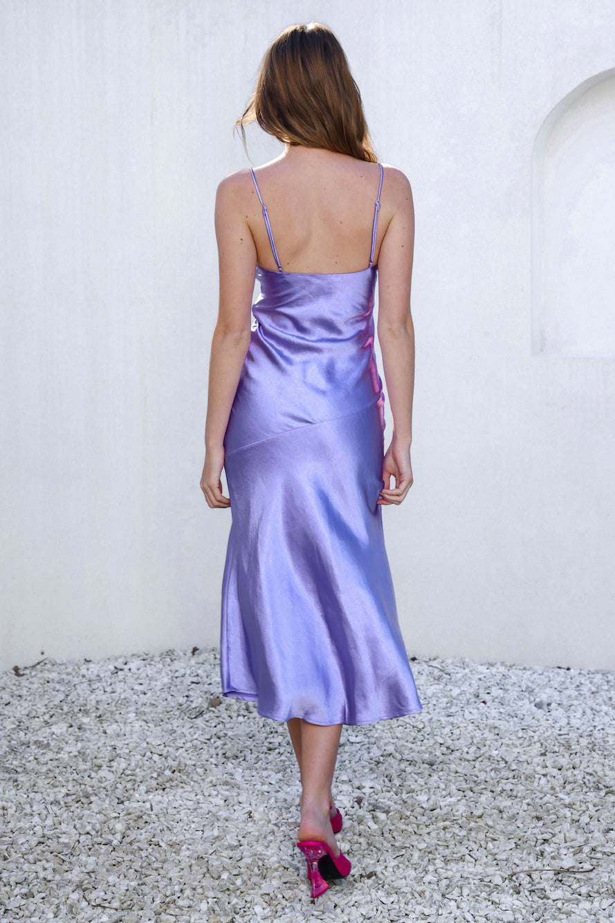 Lychee Martini Satin Midi Dress Lilac