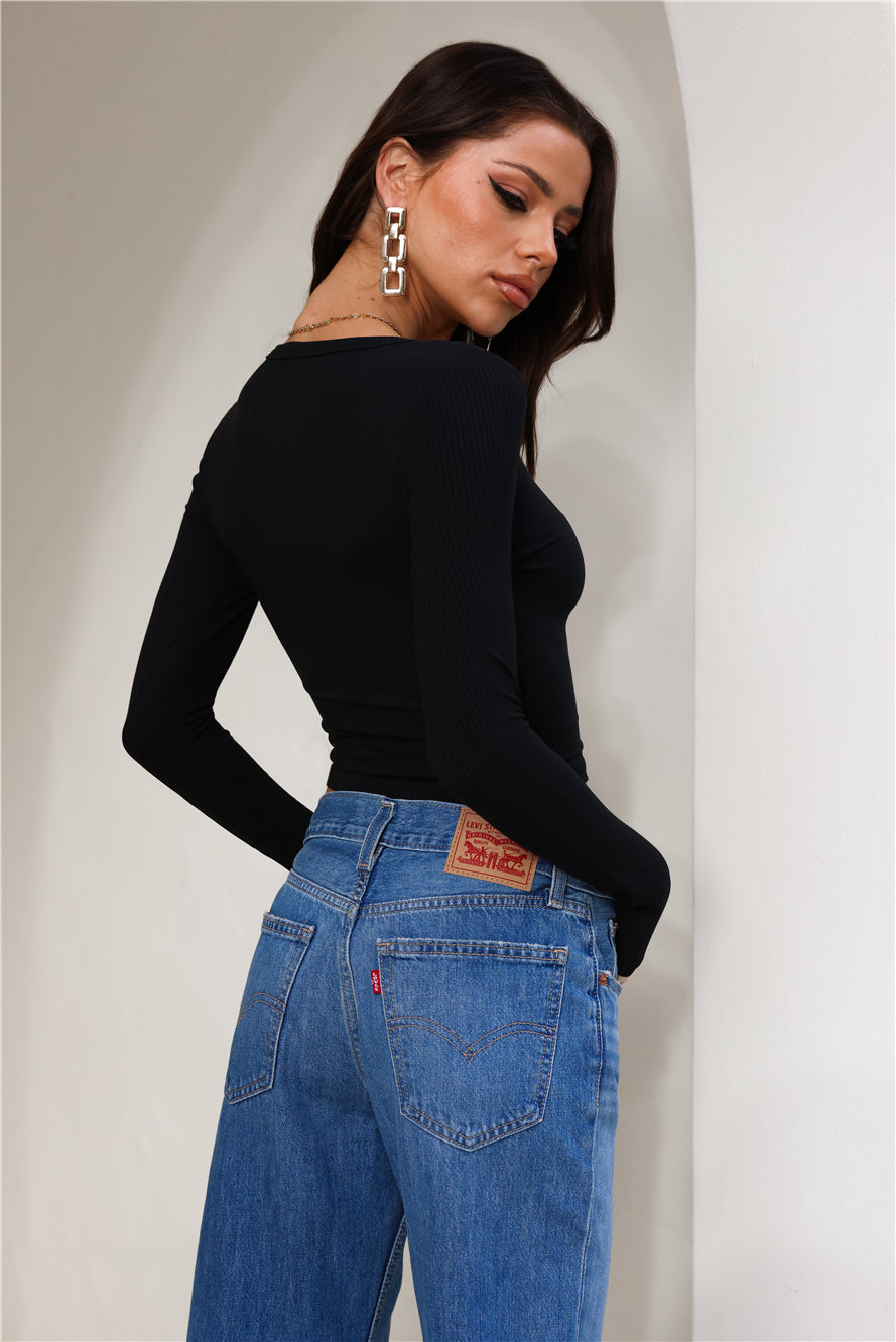 Easy Ribbed Long Sleeve Crop Top Black