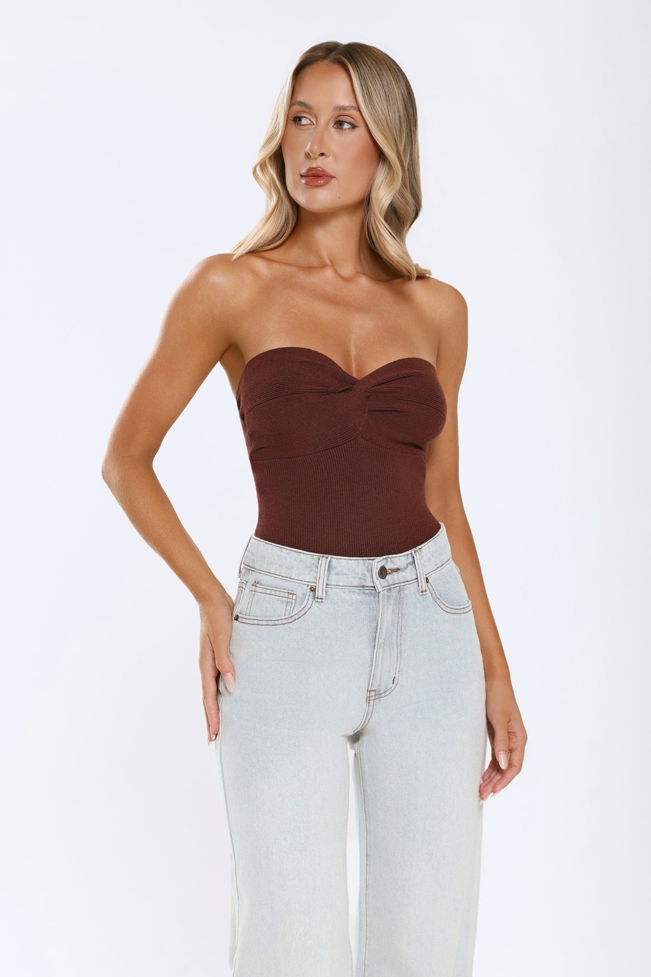 Dusk Radiance Strapless Ribbed Top  Chocolate