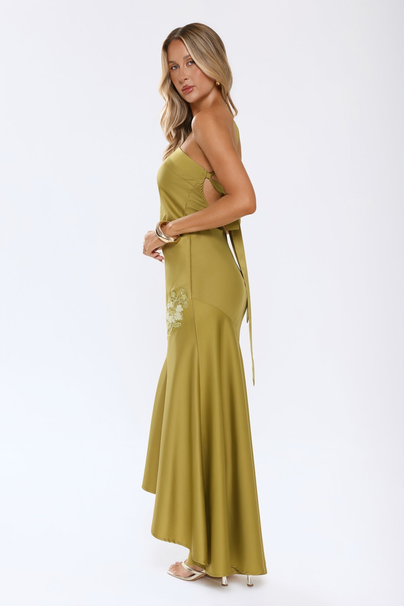 Jelly Glow One Shoulder Satin Maxi Dress Olive