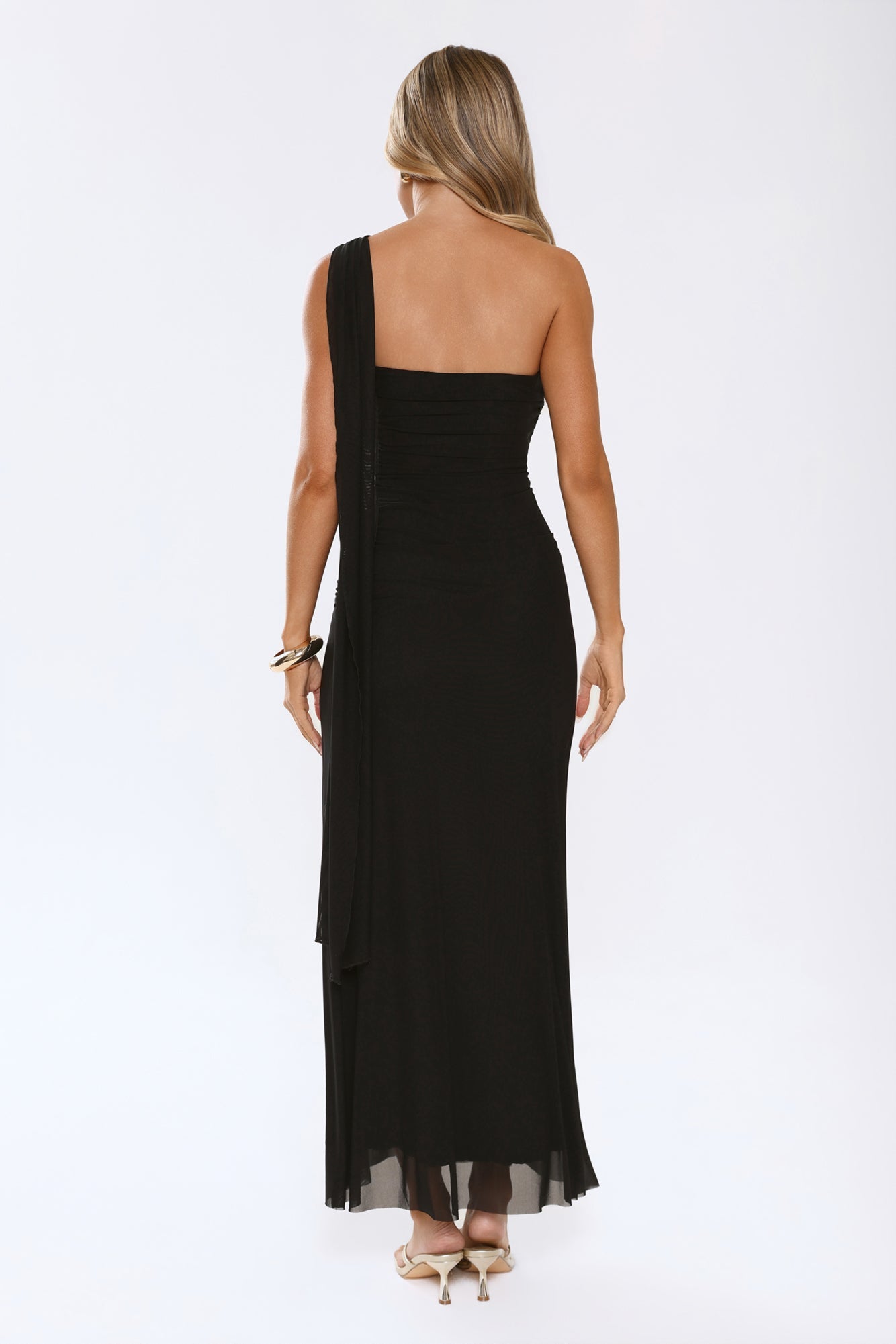 Evening Allure Mesh Strapless Maxi Dress Black