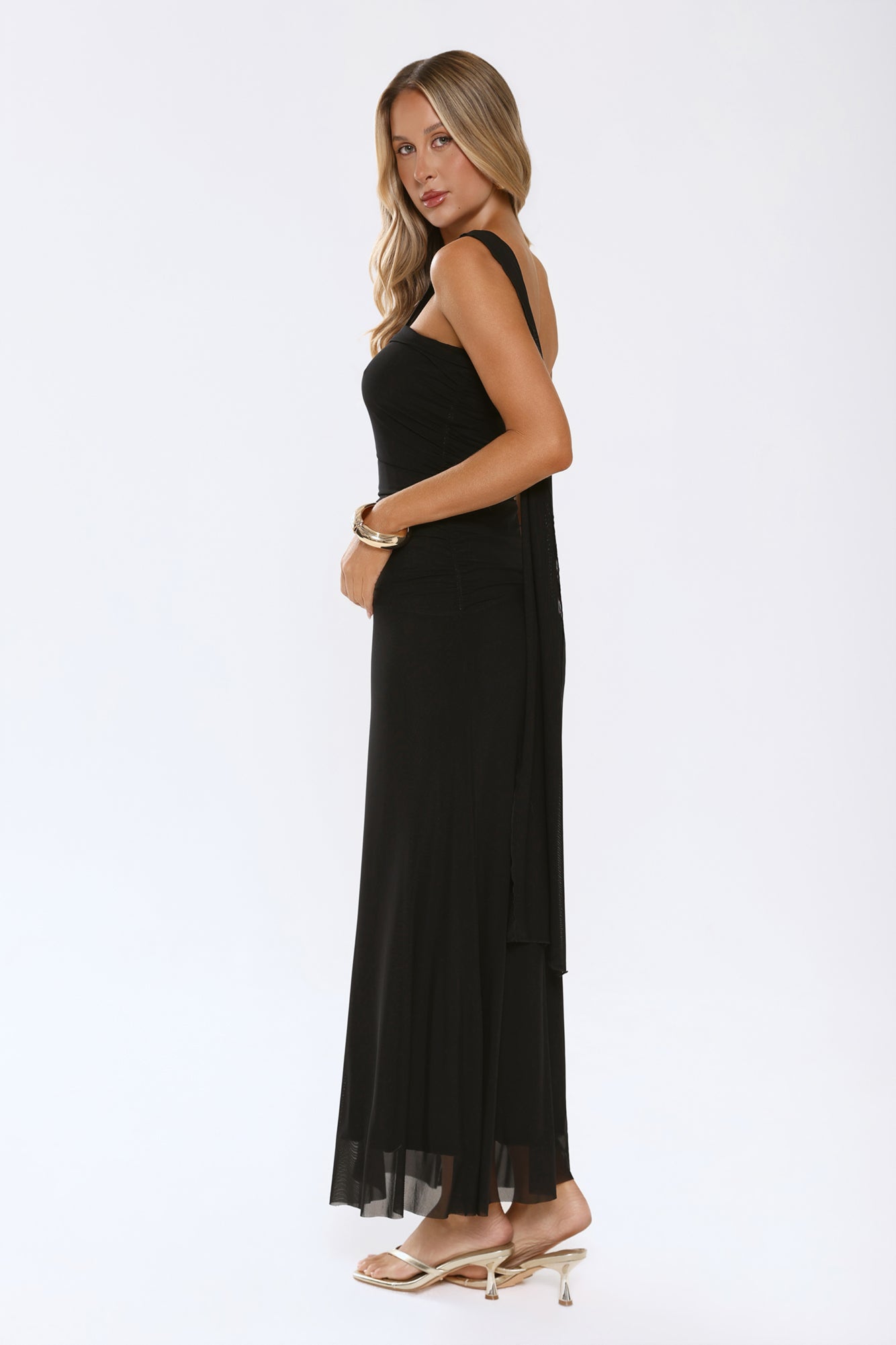 Evening Allure Mesh Strapless Maxi Dress Black