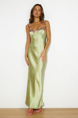 Flower Chains Satin Maxi Dress Green