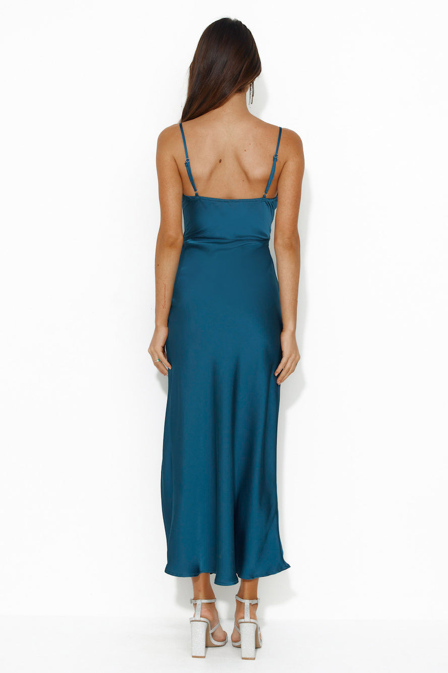 Gleaming Silk Satin Midi Dress Teal