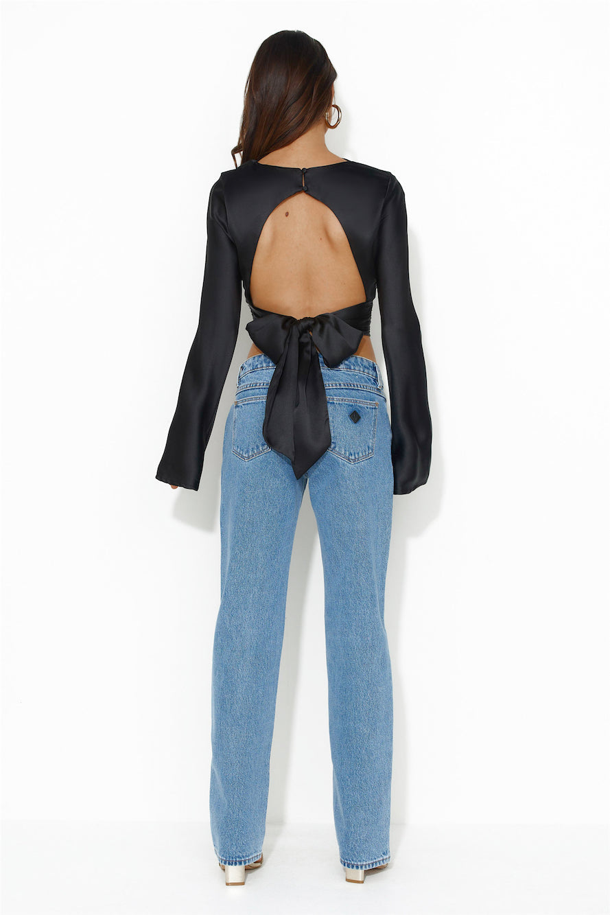 Nights To Glow Satin Long Sleeve Crop Top Black