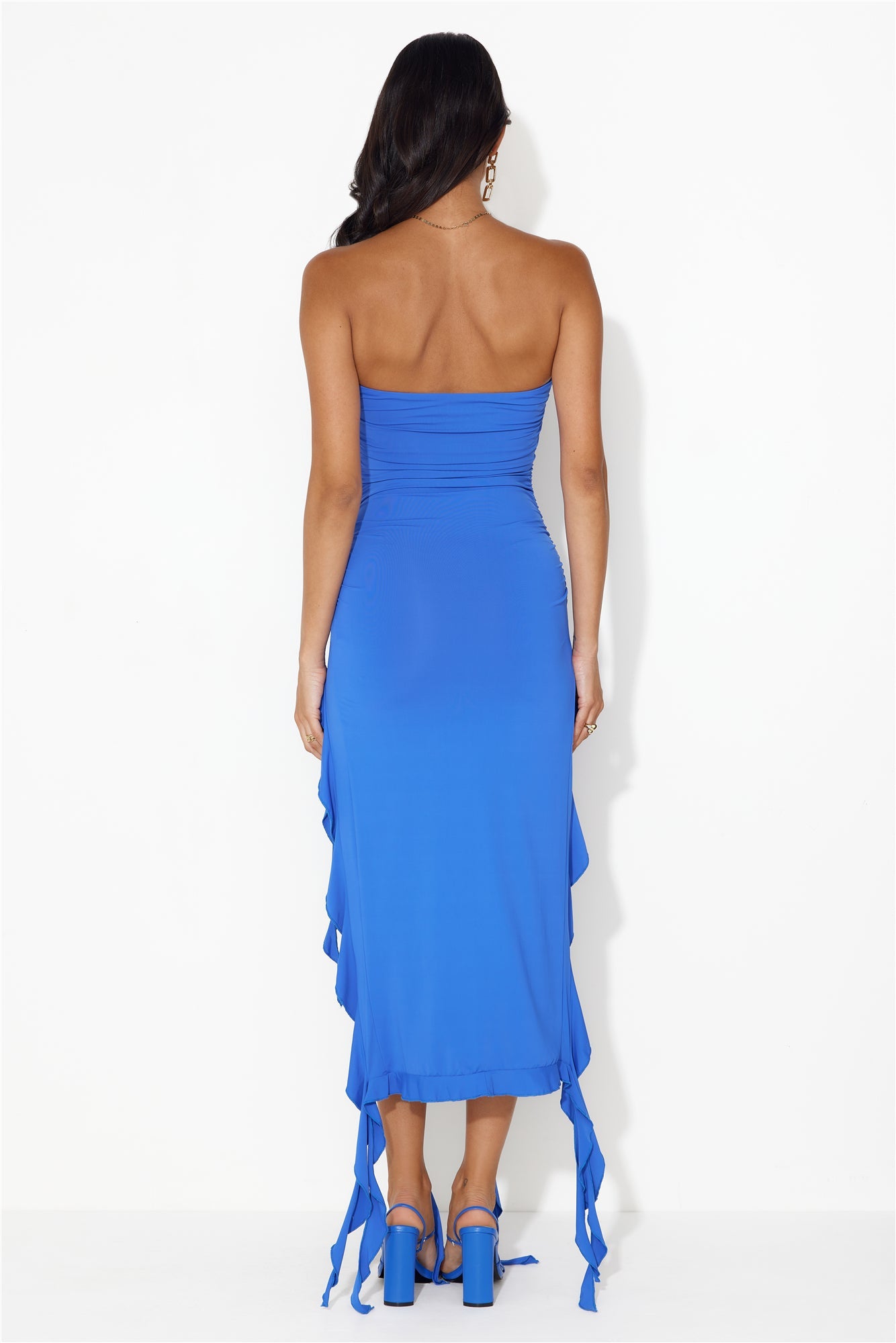 HELLO MOLLY All The Frills Strapless Midi Dress Cobalt Blue