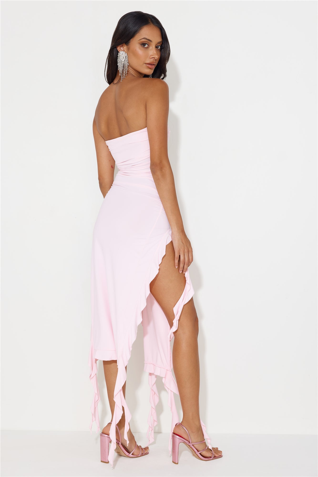 HELLO MOLLY All The Frills Strapless Midi Dress Light Pink