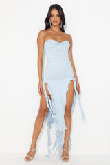 HELLO MOLLY All The Frills Strapless Midi Dress Baby Blue
