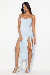 HELLO MOLLY All The Frills Strapless Midi Dress Baby Blue