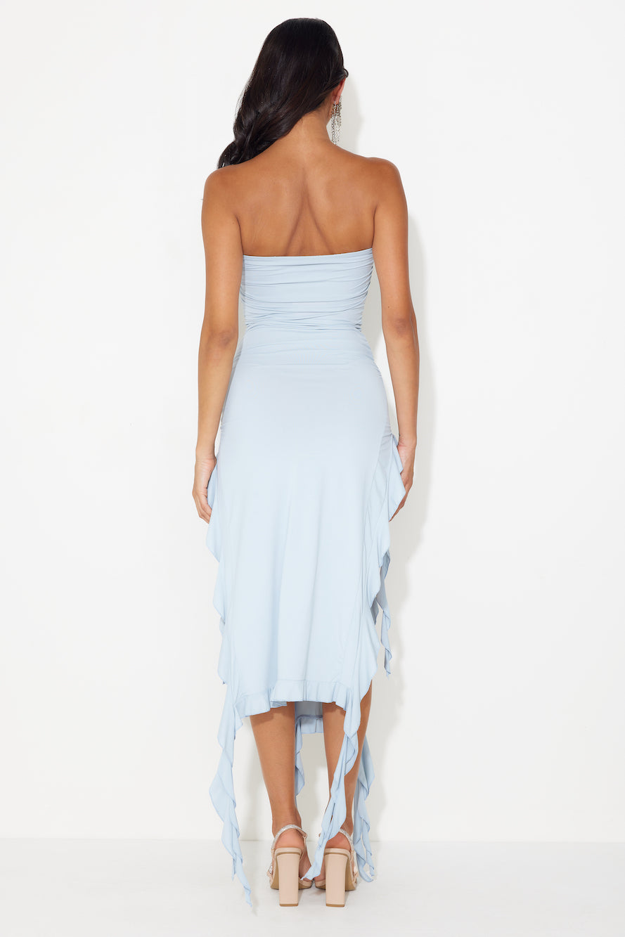HELLO MOLLY All The Frills Strapless Midi Dress Baby Blue