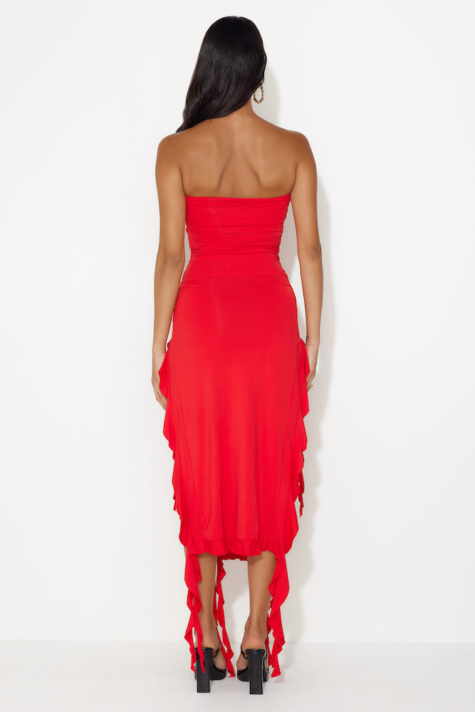 HELLO MOLLY All The Frills Strapless Midi Dress Red