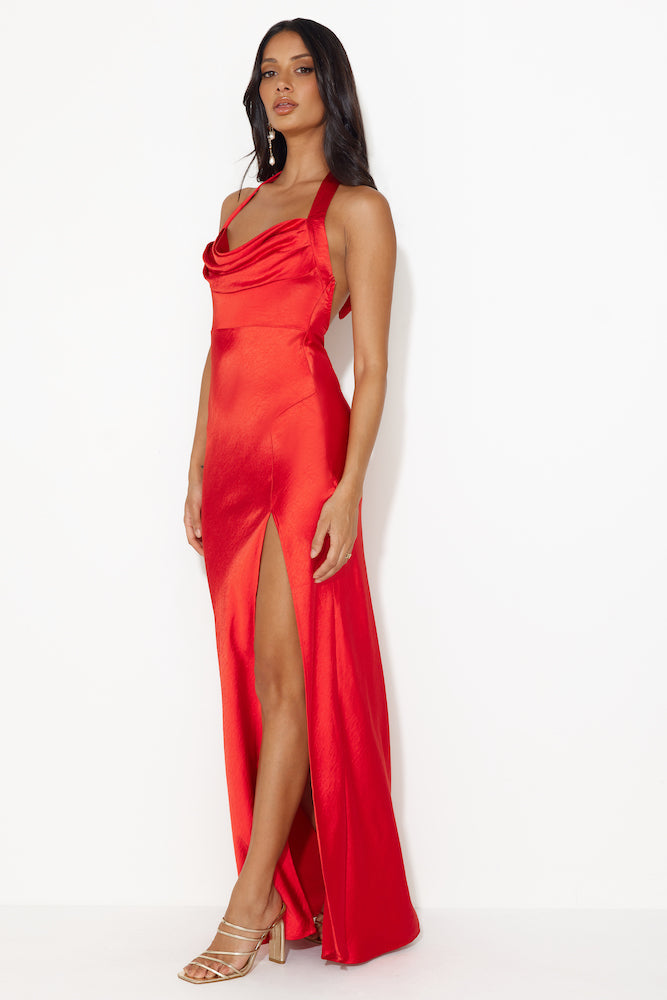 HELLO MOLLY Girl In The Spotlight Halter Neck Satin Maxi Dress Red