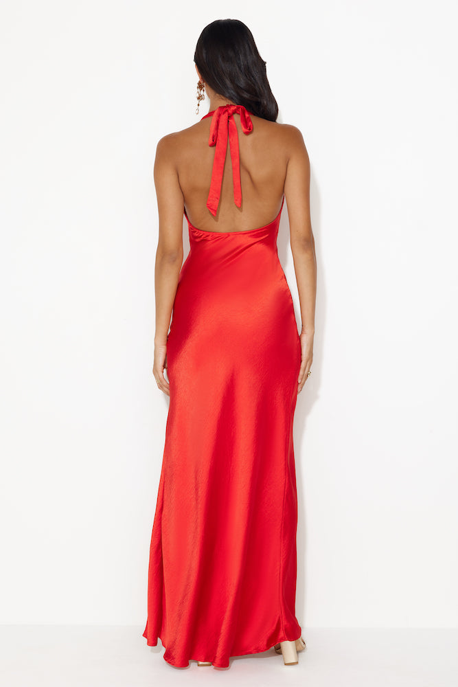 HELLO MOLLY Girl In The Spotlight Halter Neck Satin Maxi Dress Red