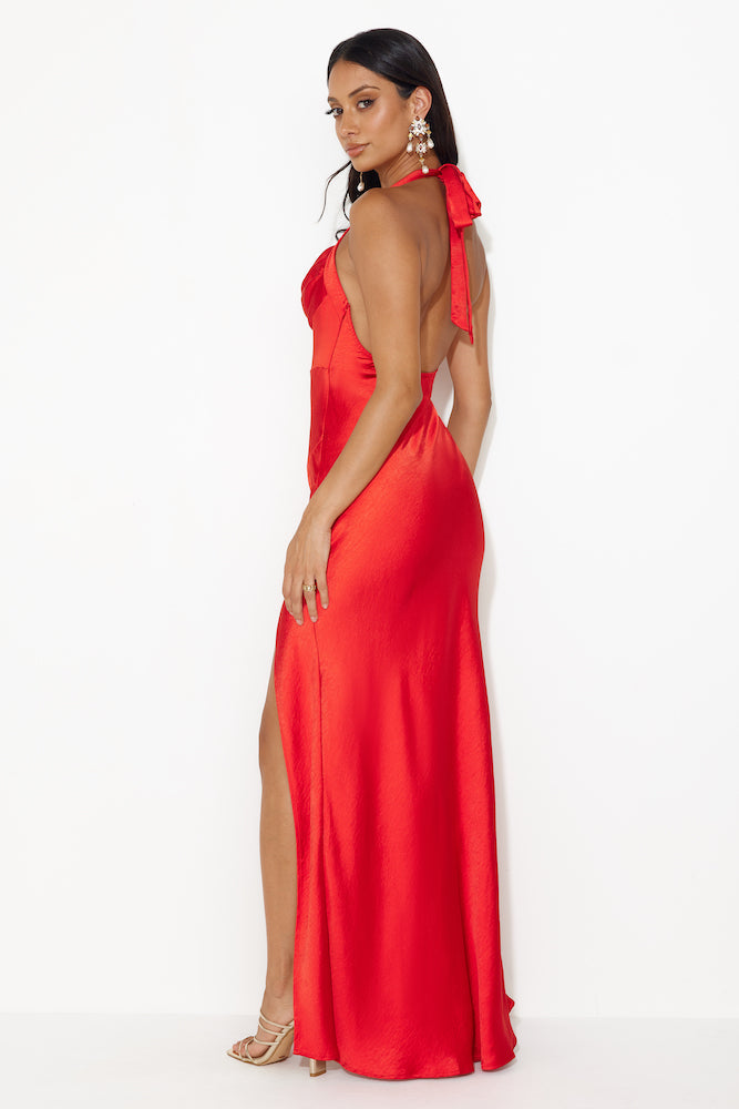 HELLO MOLLY Girl In The Spotlight Halter Neck Satin Maxi Dress Red