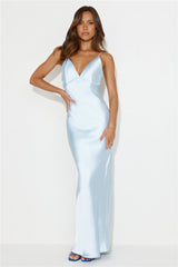 HELLO MOLLY Nights Under Stars Satin Maxi Dress Light Blue