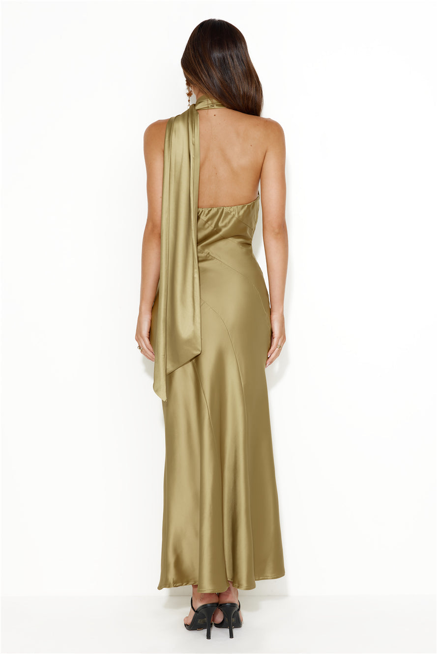 Glistening Star Satin Maxi Dress Olive