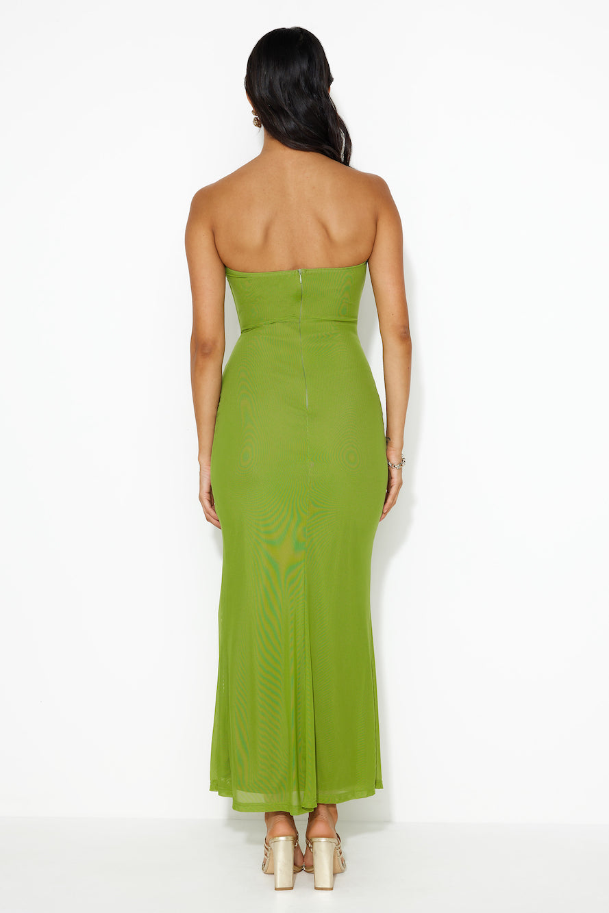 Hottest Date Mesh Strapless Maxi Dress Olive