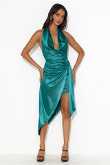 Hour Of Moonlight Halter Satin Midi Dress Green