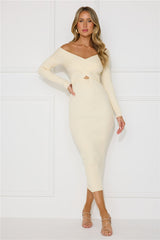 Icy Chill Off Shoulder Ribbed Midi Dress Cream
