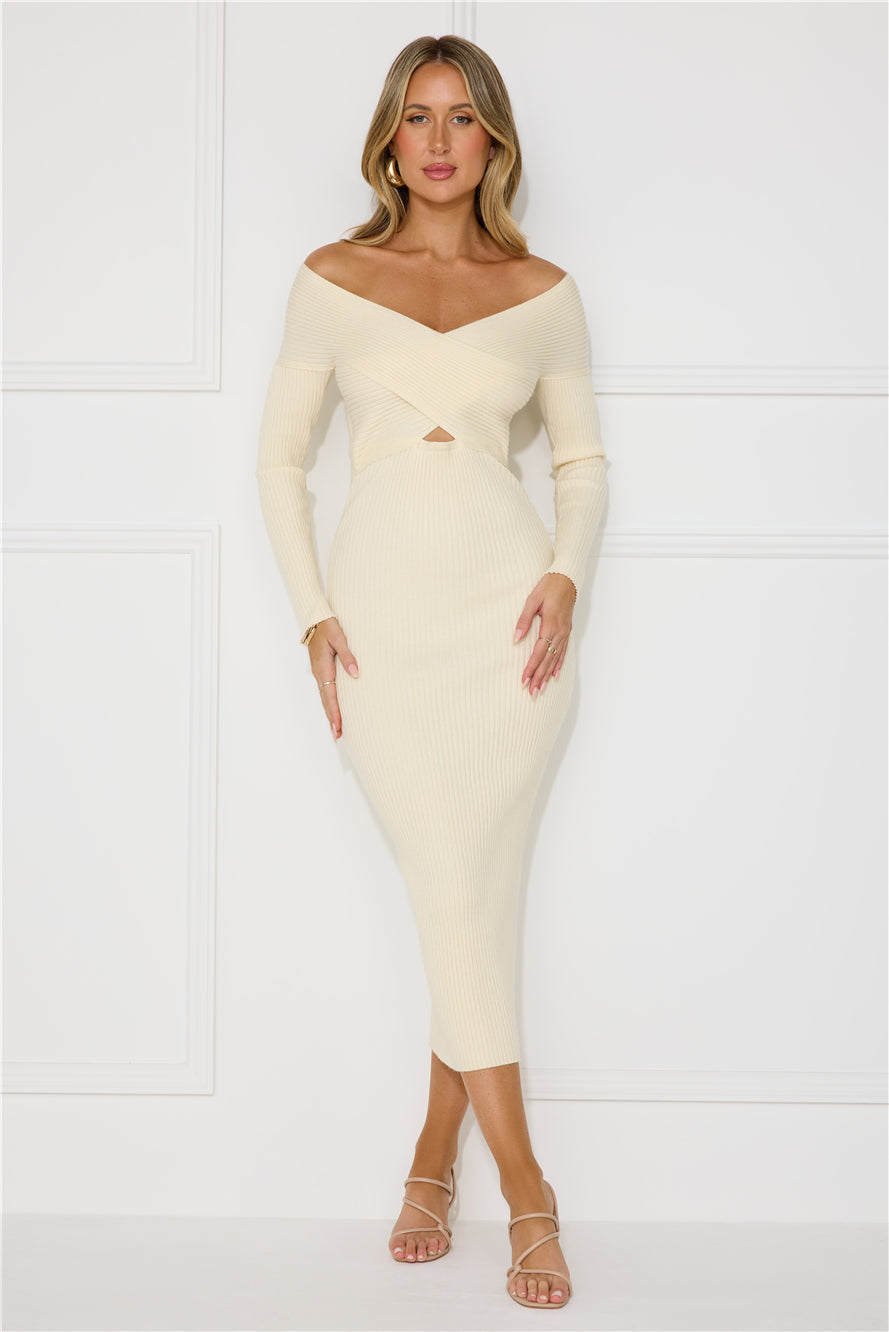 Icy Chill Off Shoulder Ribbed Midi Dress Cream