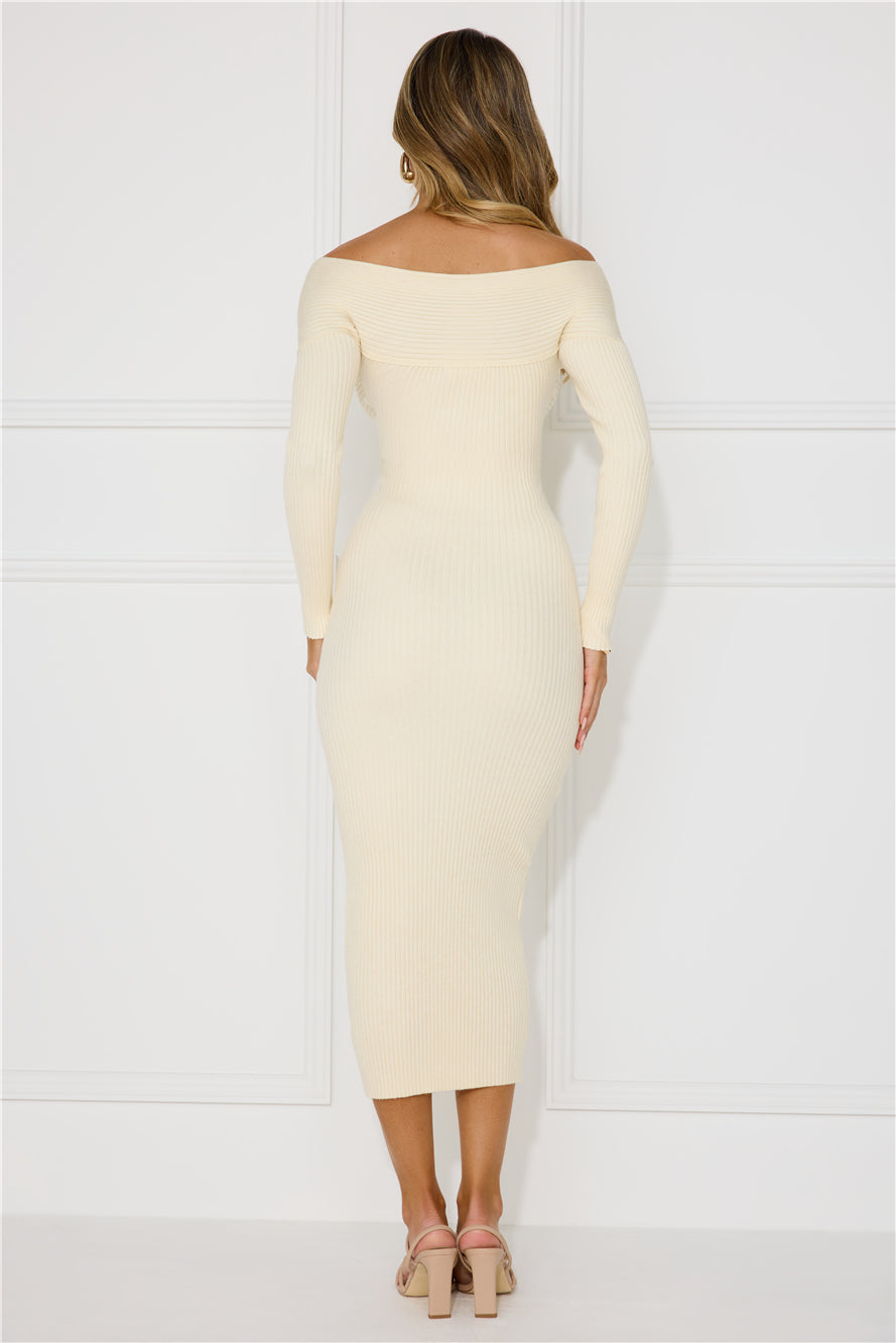 Icy Chill Off Shoulder Ribbed Midi Dress Cream