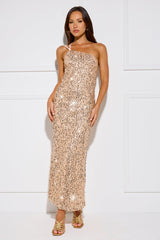 Glittering Gaze Sequin One Shoulder Maxi Dress Gold