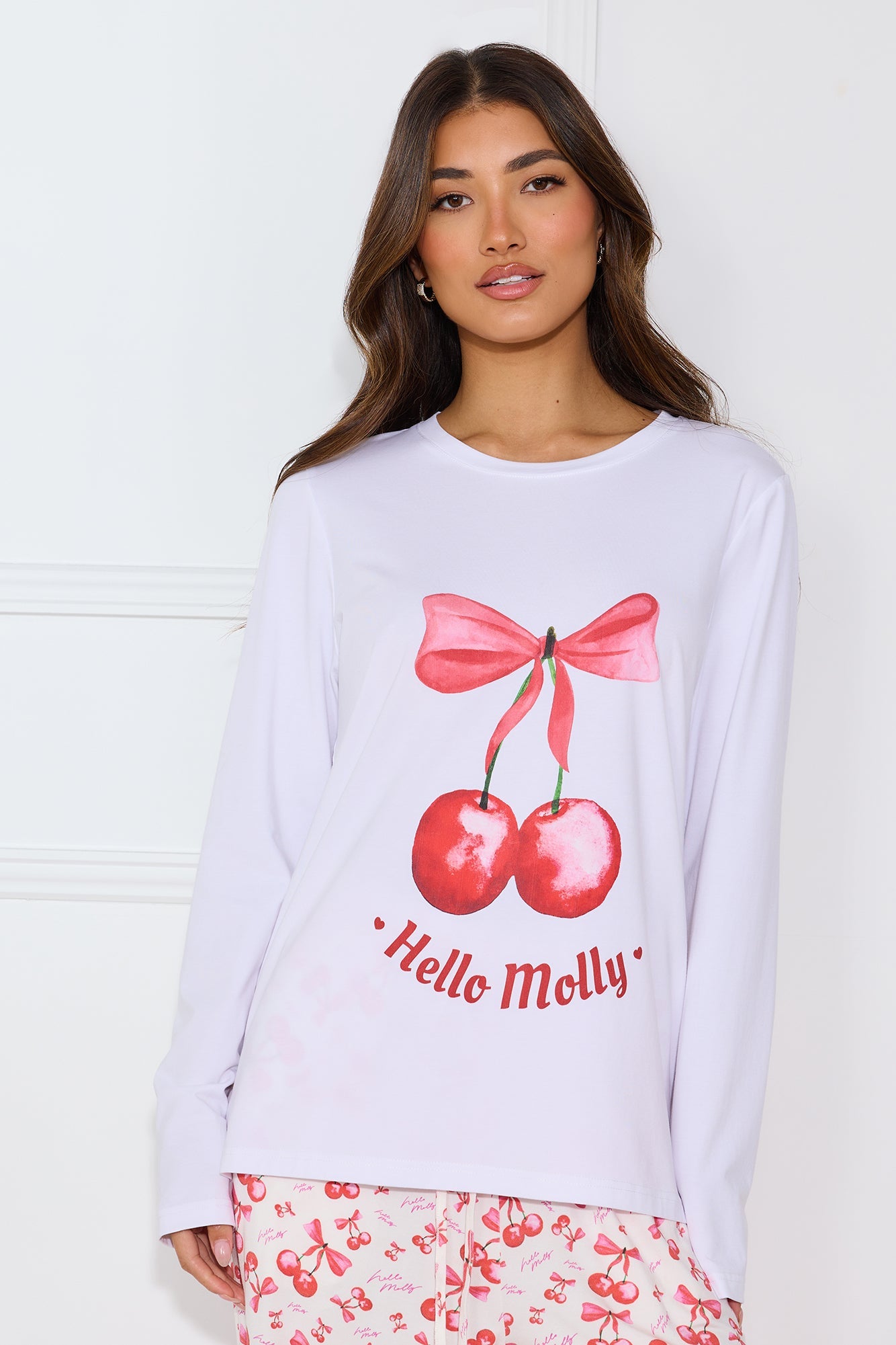 Cherry Pie Long Sleeve Pyjama Top White