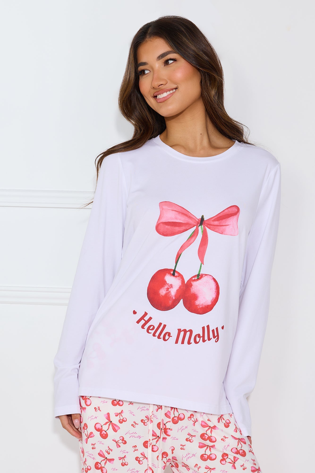 Cherry Pie Long Sleeve Pyjama Top White