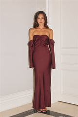 Elegant Chic Off Shoulder Long Sleeve Satin Maxi Dress Chocolate