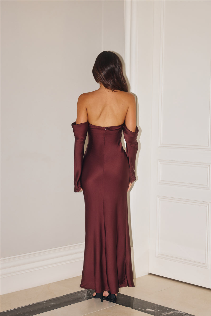 Elegant Chic Off Shoulder Long Sleeve Satin Maxi Dress Chocolate